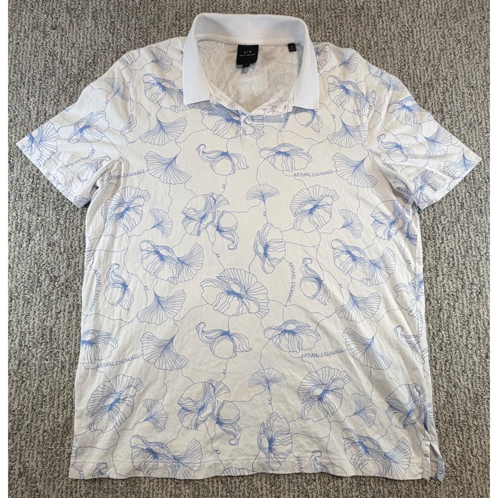 Armani Exchange Polo Shirt Mens Large White Blue Floral Ginkgo Leaf 3LZF96 ZJH4Z